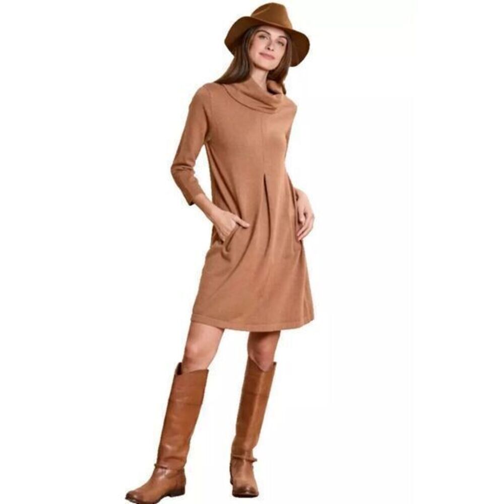 Tyler Boe Kim Cowl‎  Sweater Dress Cotton Cashmere 3/4 Sleeve Camel M Lagenlook